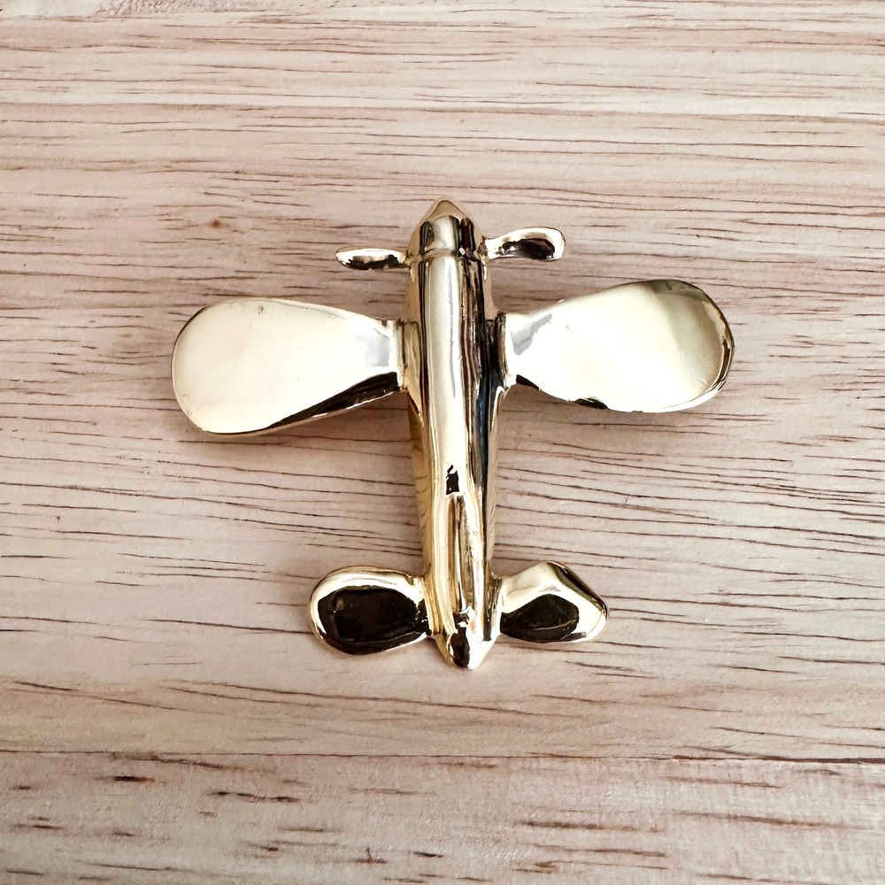 Vintage Gold Tone Airplane Brooch Pin Large Biplane Aviator 2.5" Wingspan